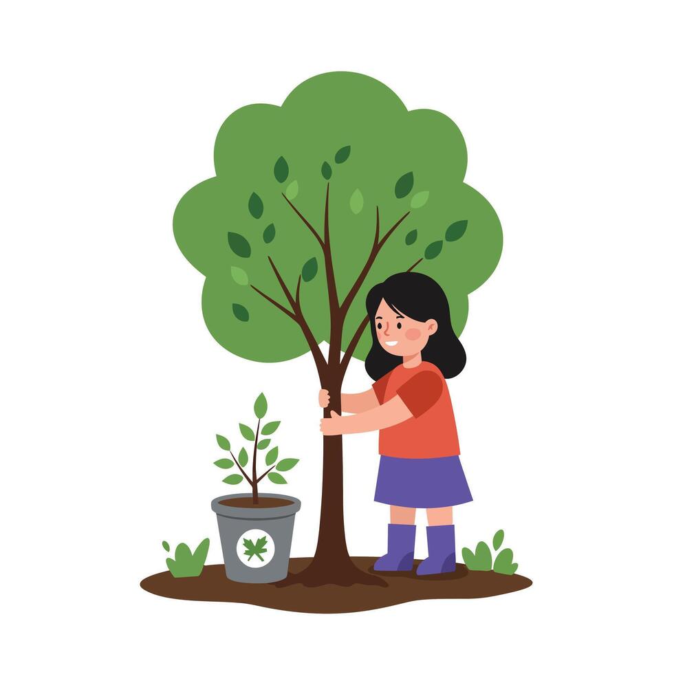 Girl planting a tree next to a small pot in flat art vector