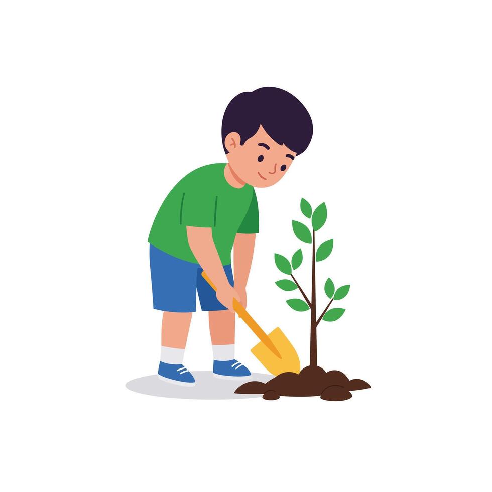 Child planting young tree in detailed flat illustration style xza vector