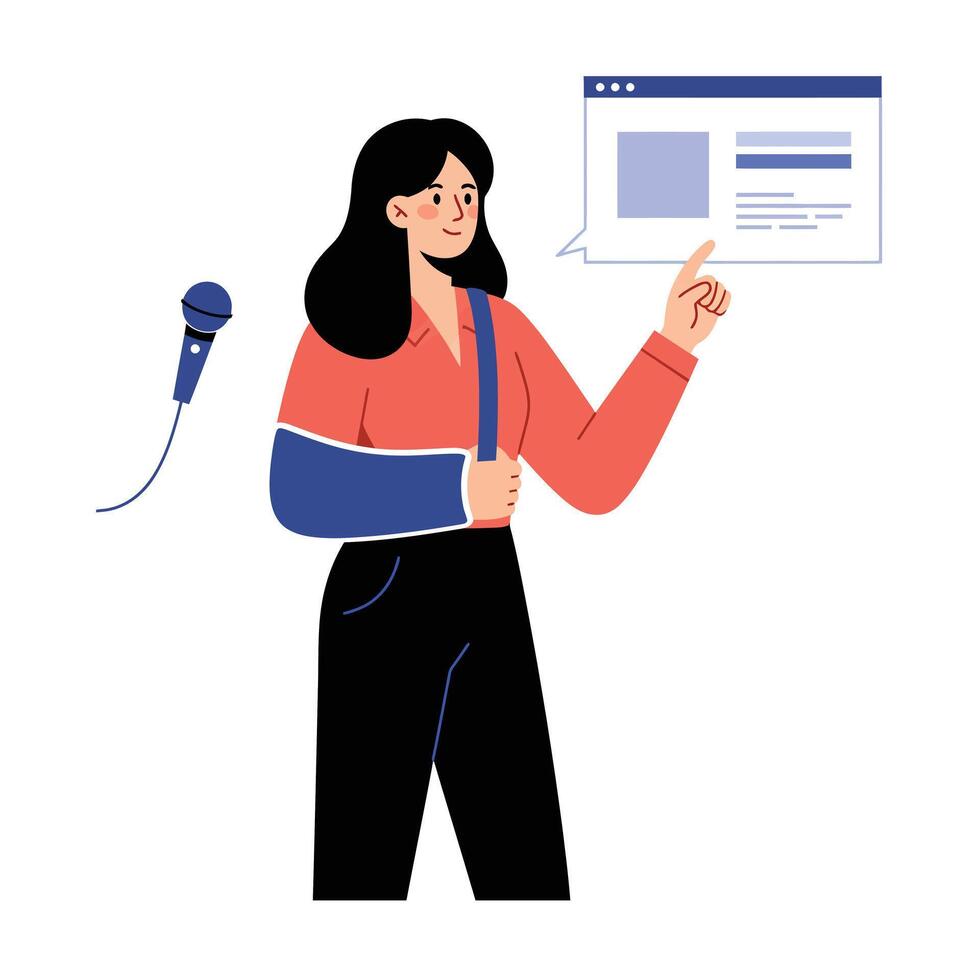 Woman with microphone presenting information in flat illustration ac style vector