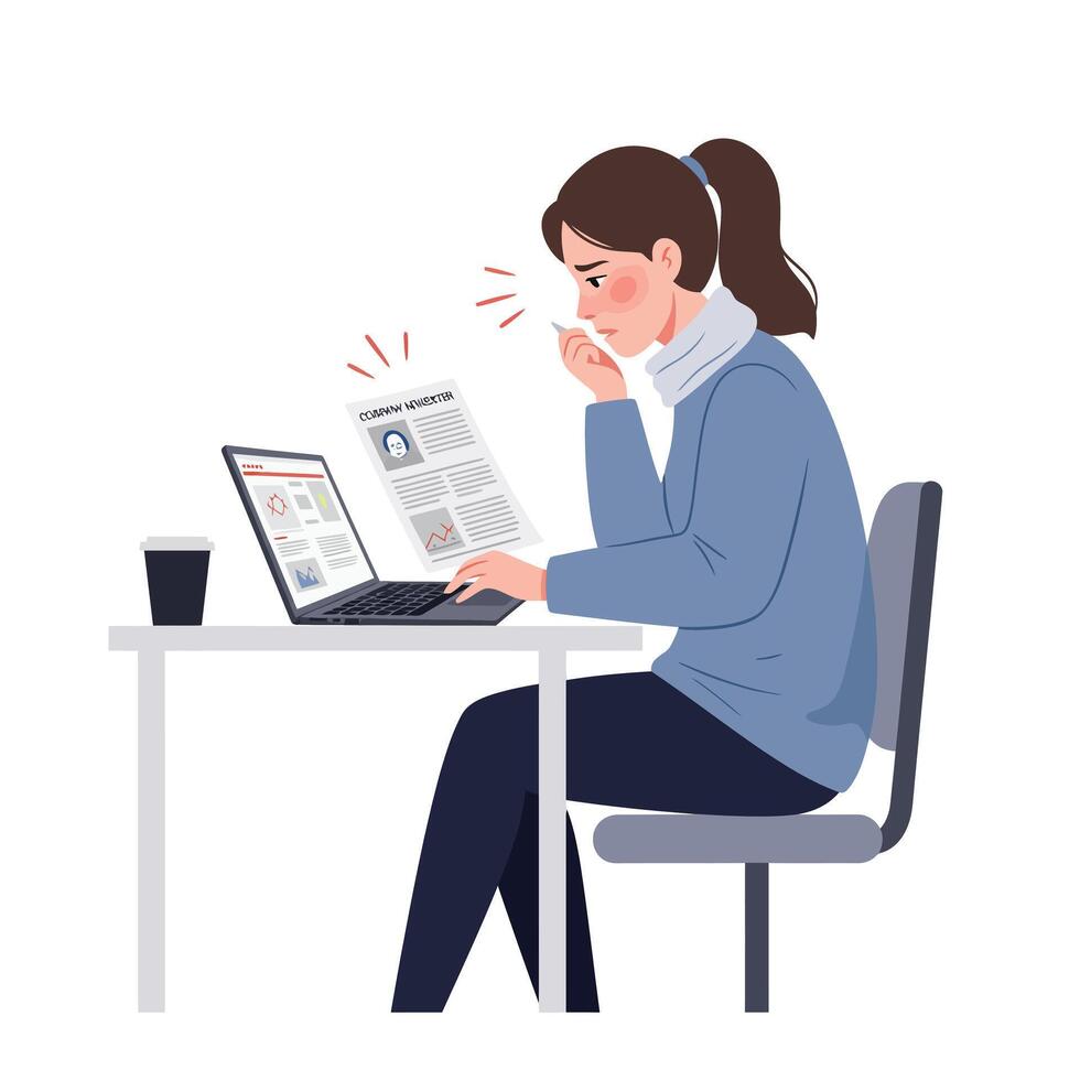 Woman working at desk with laptop and coffee cup in minimal illustrasd vector