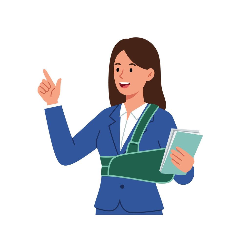 Woman in business suit with arm in sling gesturing while holding a book illustration vector