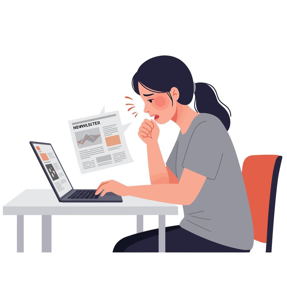 Woman working at desk with laptop and coffee cup in minimal illustration acnb vector
