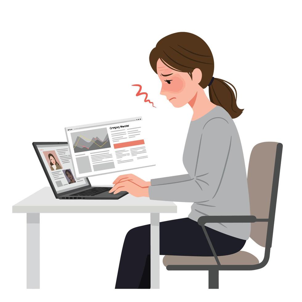 Woman working at desk with laptop and coffee cup in minimal caask illustration vector