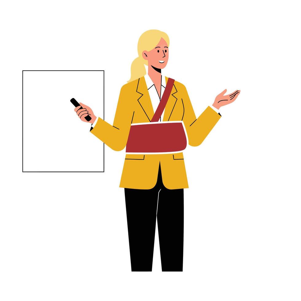 Businesswoman presenting with a broken arm in flat art style vector