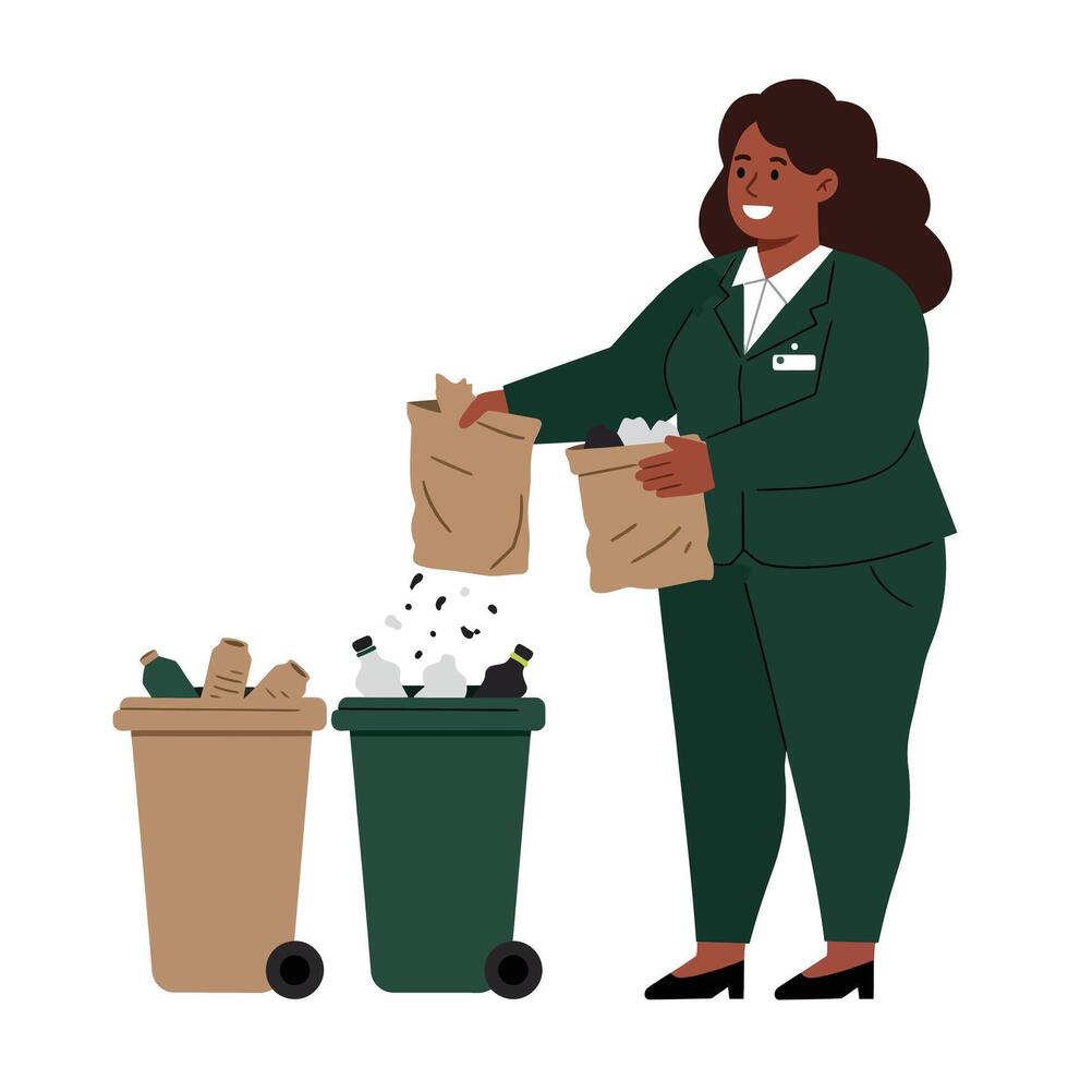 Woman sorting waste into two bins in flat illustrationn q vector