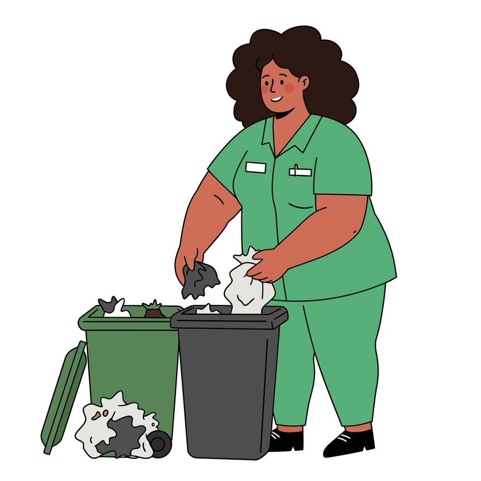 Woman sorting waste into two bins in flat illustration bdbd vector