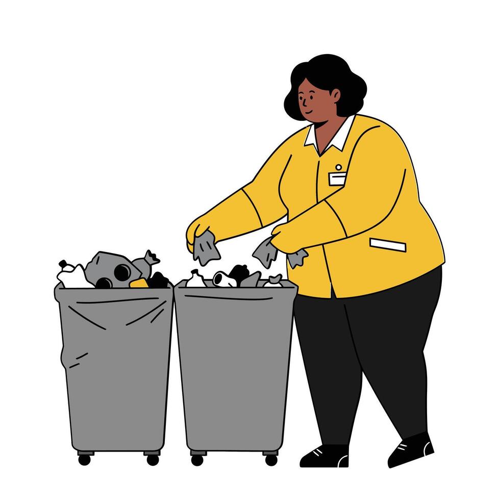 Woman sorting waste into two bins in flat illustration axca vector