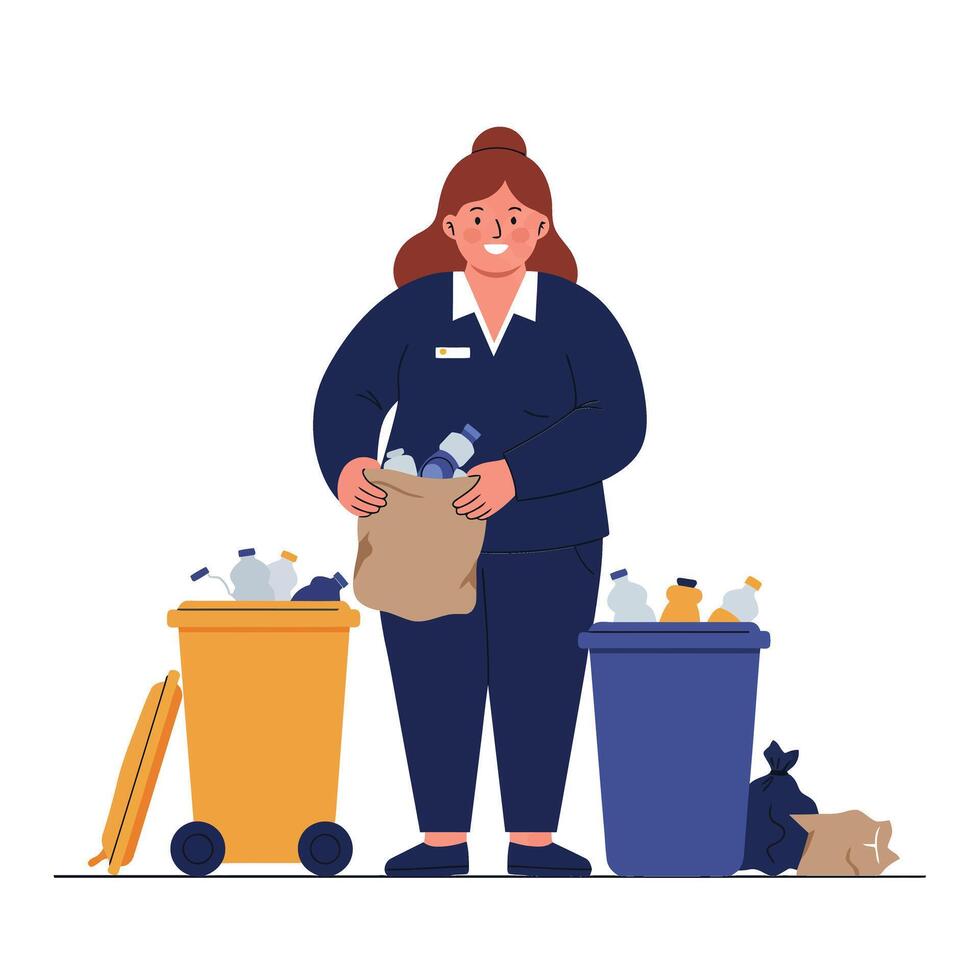 Woman sorting waste into recycling bins in flat art vector
