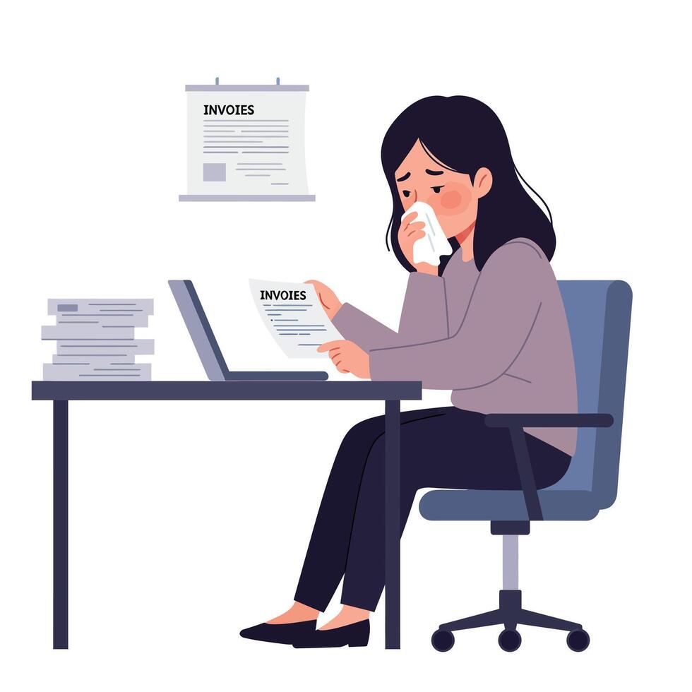 Woman working at desk with invoices in flat illustration style vector