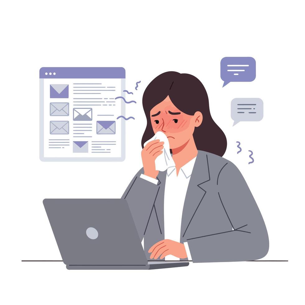 Emotional woman at computer expressing sadness in flat art vector