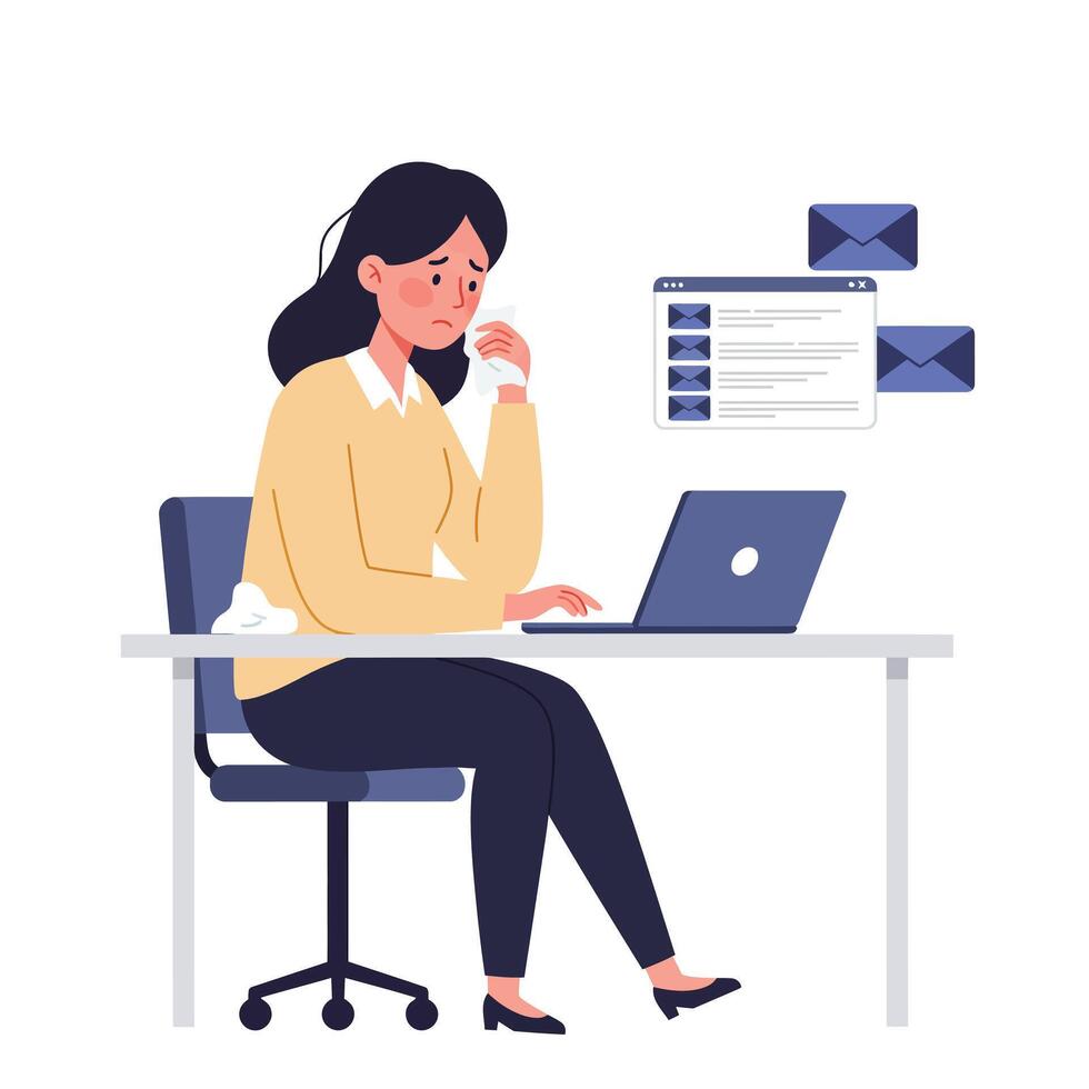 Woman working at desk with laptop in flat design art vector