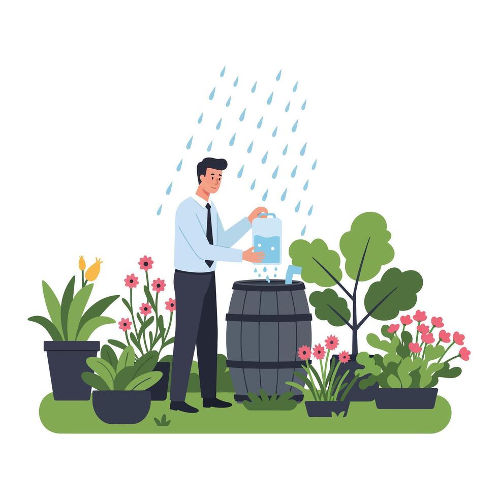 Man watering plants in garden surrounded by colorful flowers cac detailed illustration vector