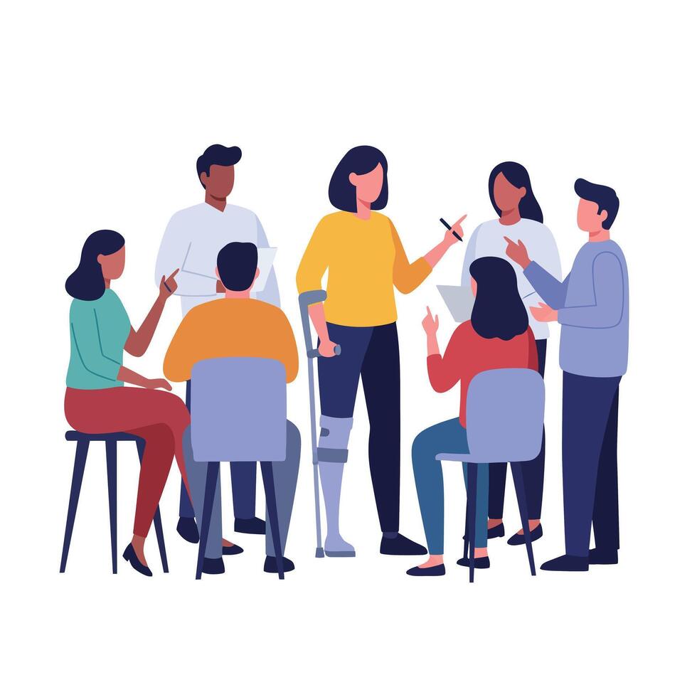 Group of people engaged in discussion with flat design style illustration vector