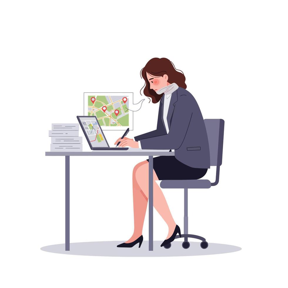 Businesswoman working at a desk with laptop and map in flat art vector