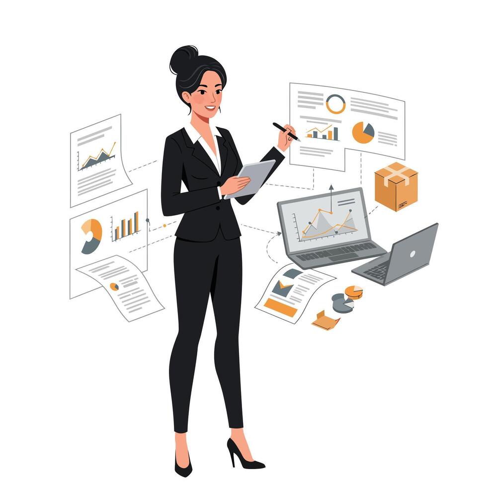 Businesswoman in professional attire analyzing data with minimal illustration vector