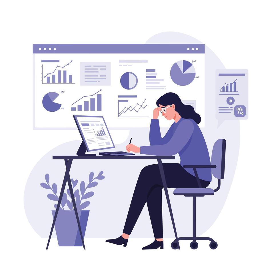Office worker analyzing data with charts and graphs in flat illustration vector
