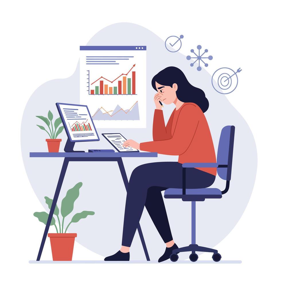 Professional woman analyzing data in a flat minimal illustration vector
