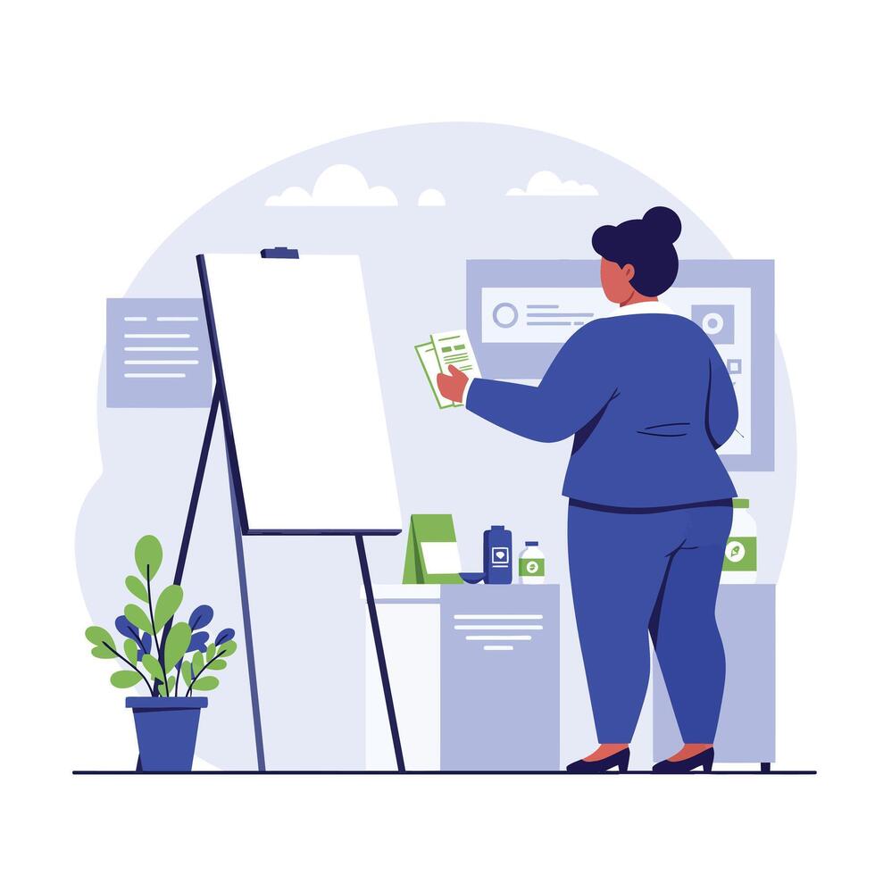 Person presenting ideas with charts in a flat, minimal style illustration vector