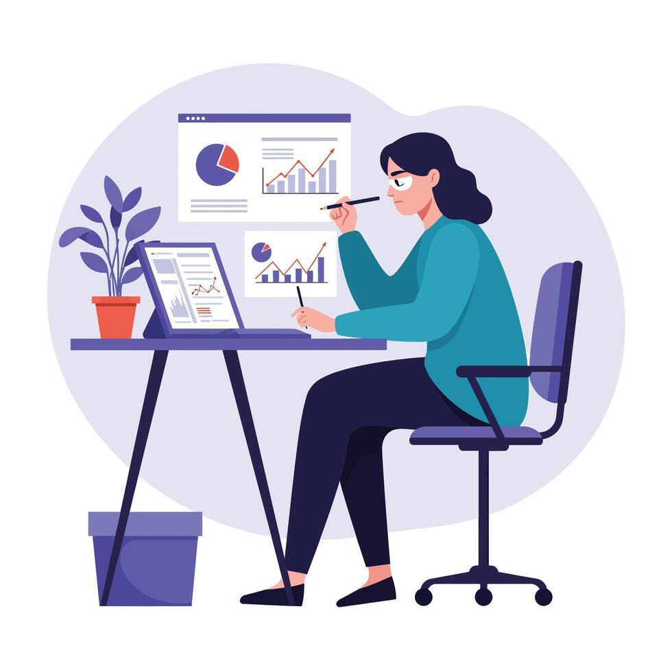 Person working at desk with charts and graphs in minimal flat illustration vector