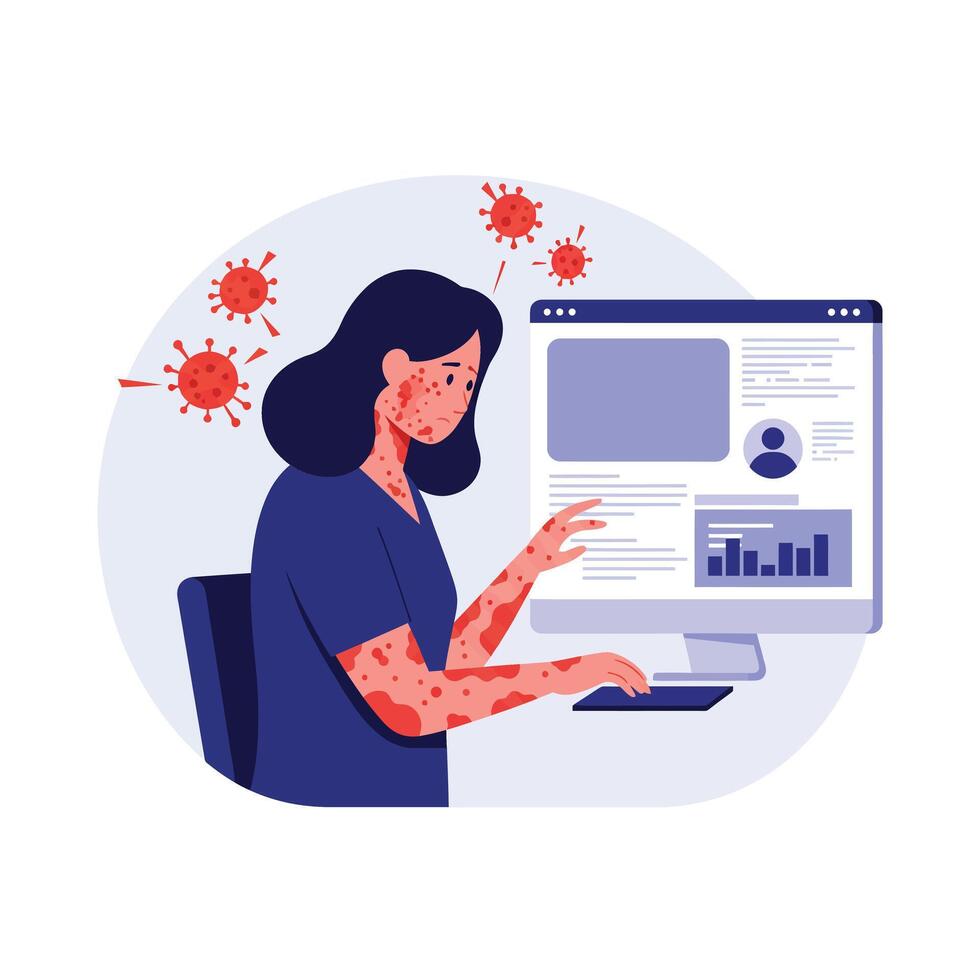 Woman working on computer in flat design style with virus elements illustration vector