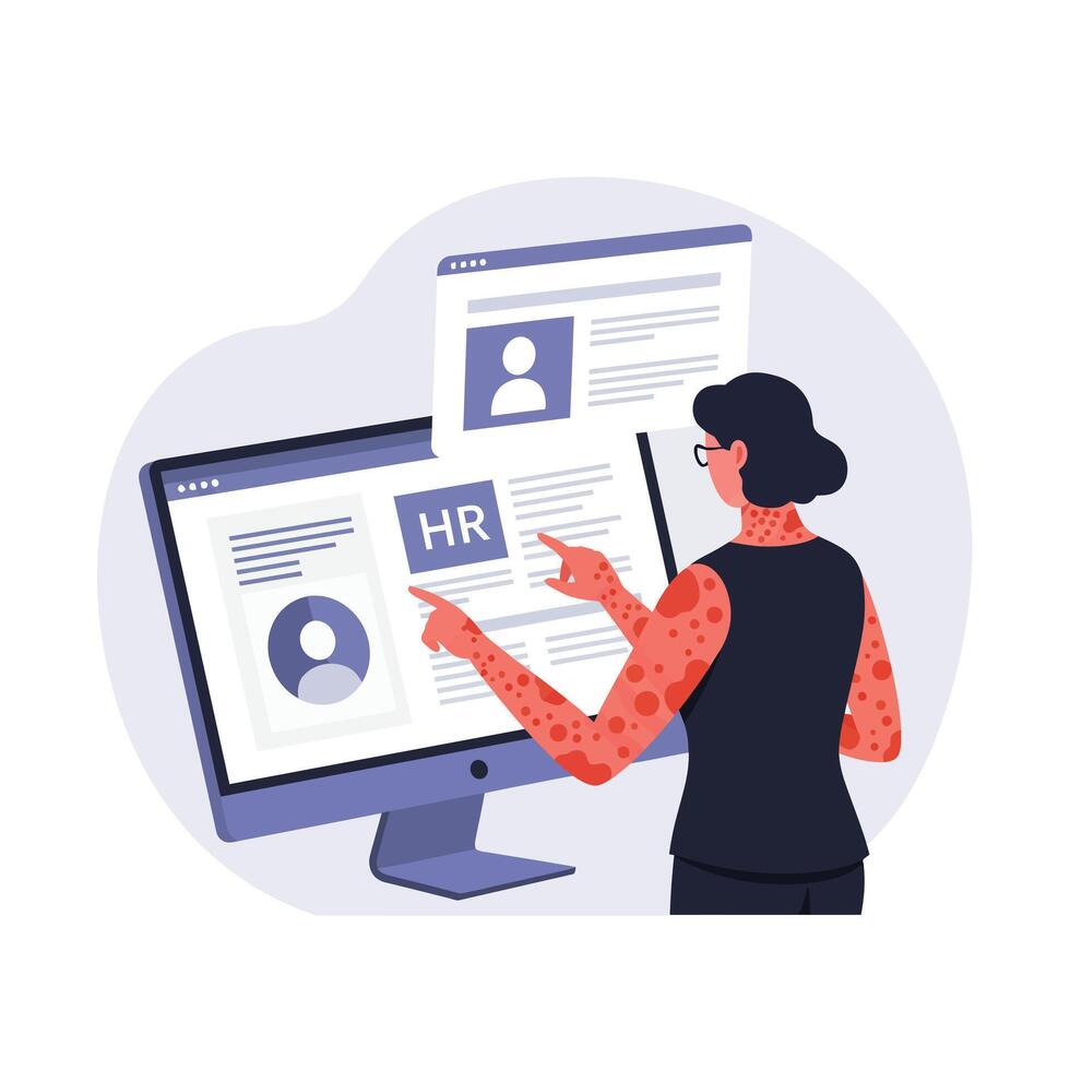 HR professional reviewing candidate profiles in minimal flat illustration vector
