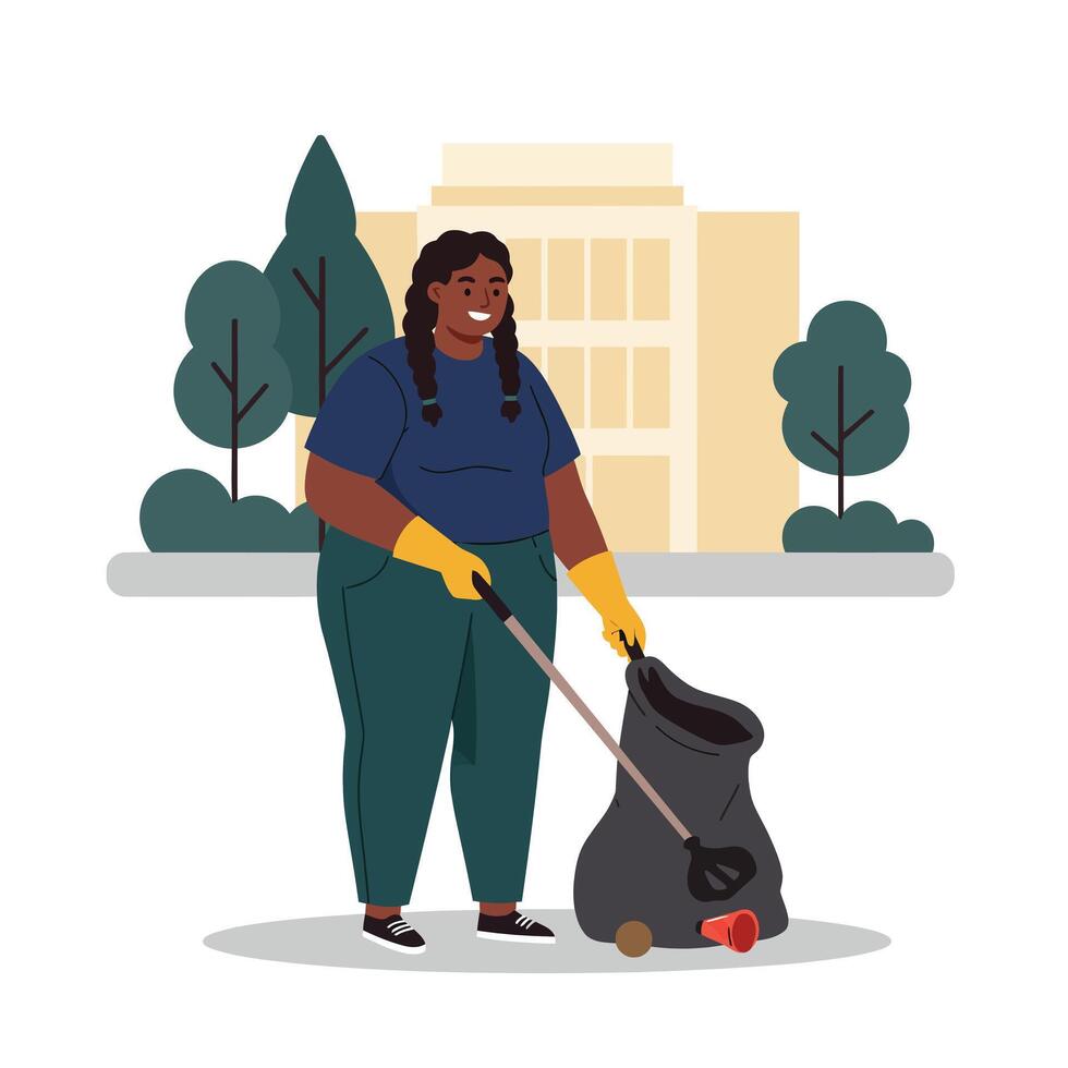 Person collecting litter in park with flat design art vector