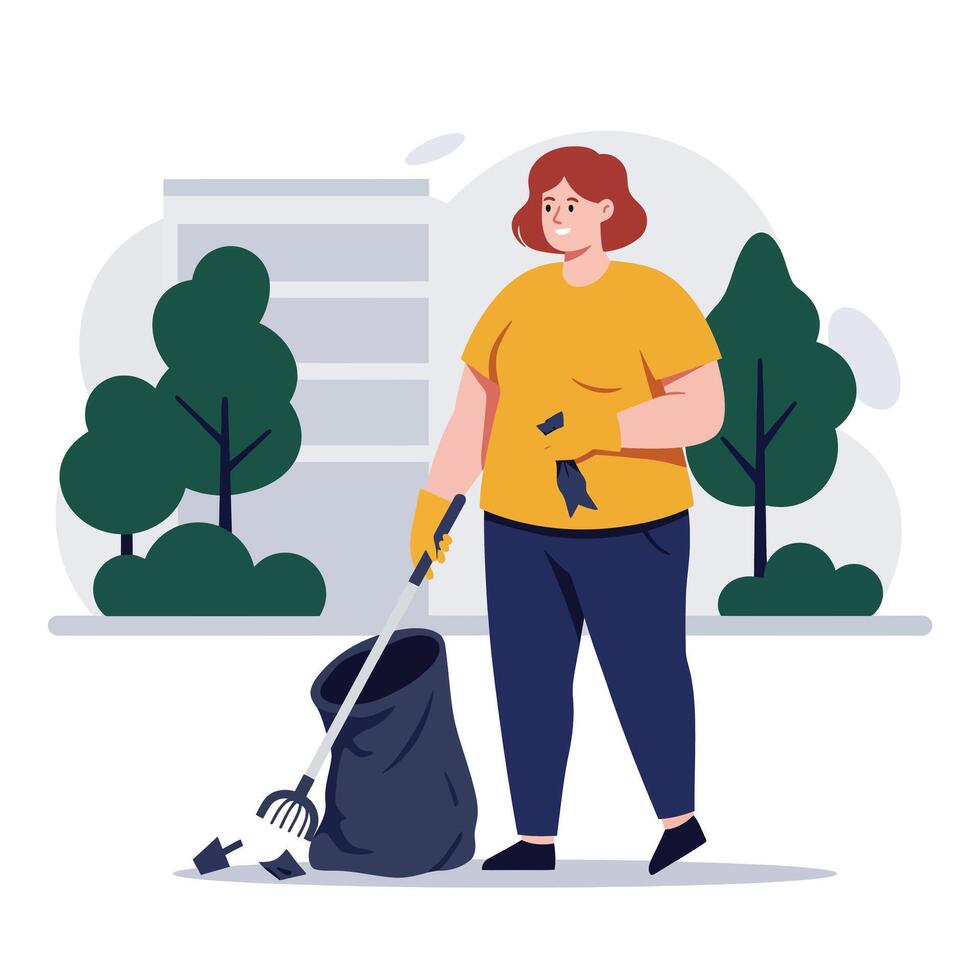 Woman cleaning park with tools in flat art style vector