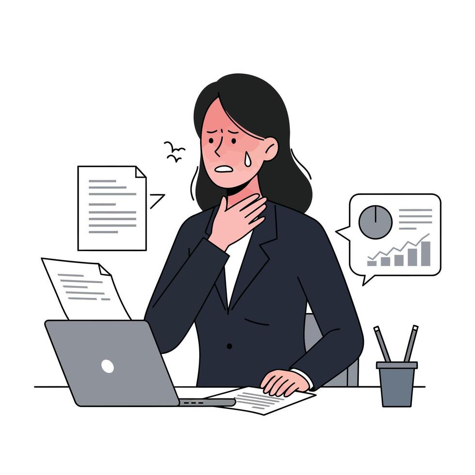 Woman in professional attire experiencing stress at desk in flat art vector