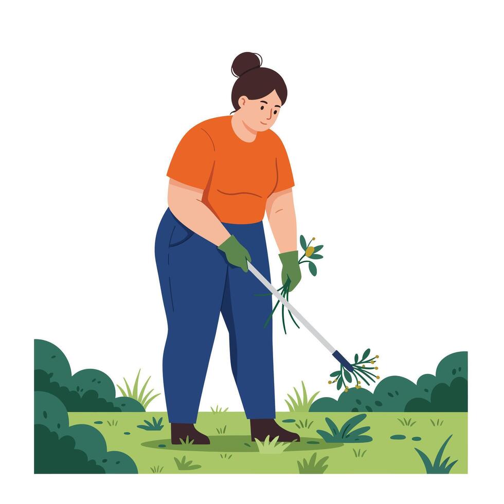 Gardener using shears to trim plants in minimal illustration vector