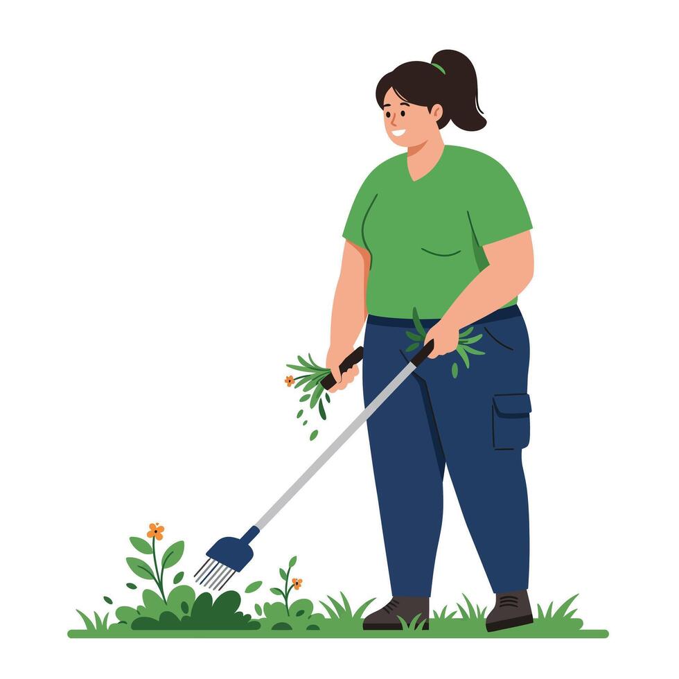 Woman tending to garden with rake in flat minimal illustration vector