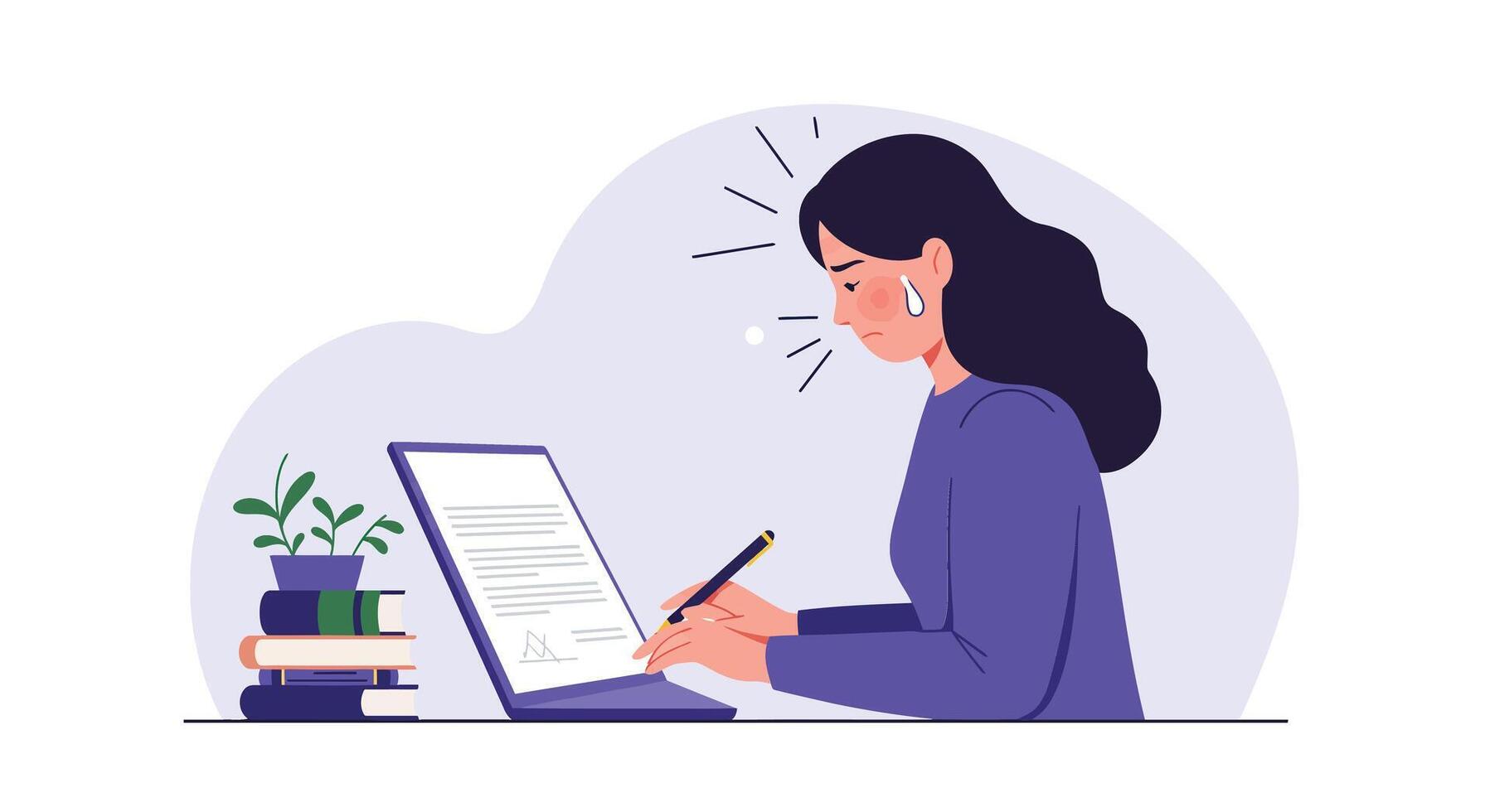 Woman writing notes in a notebook with plants in flat illustration vector