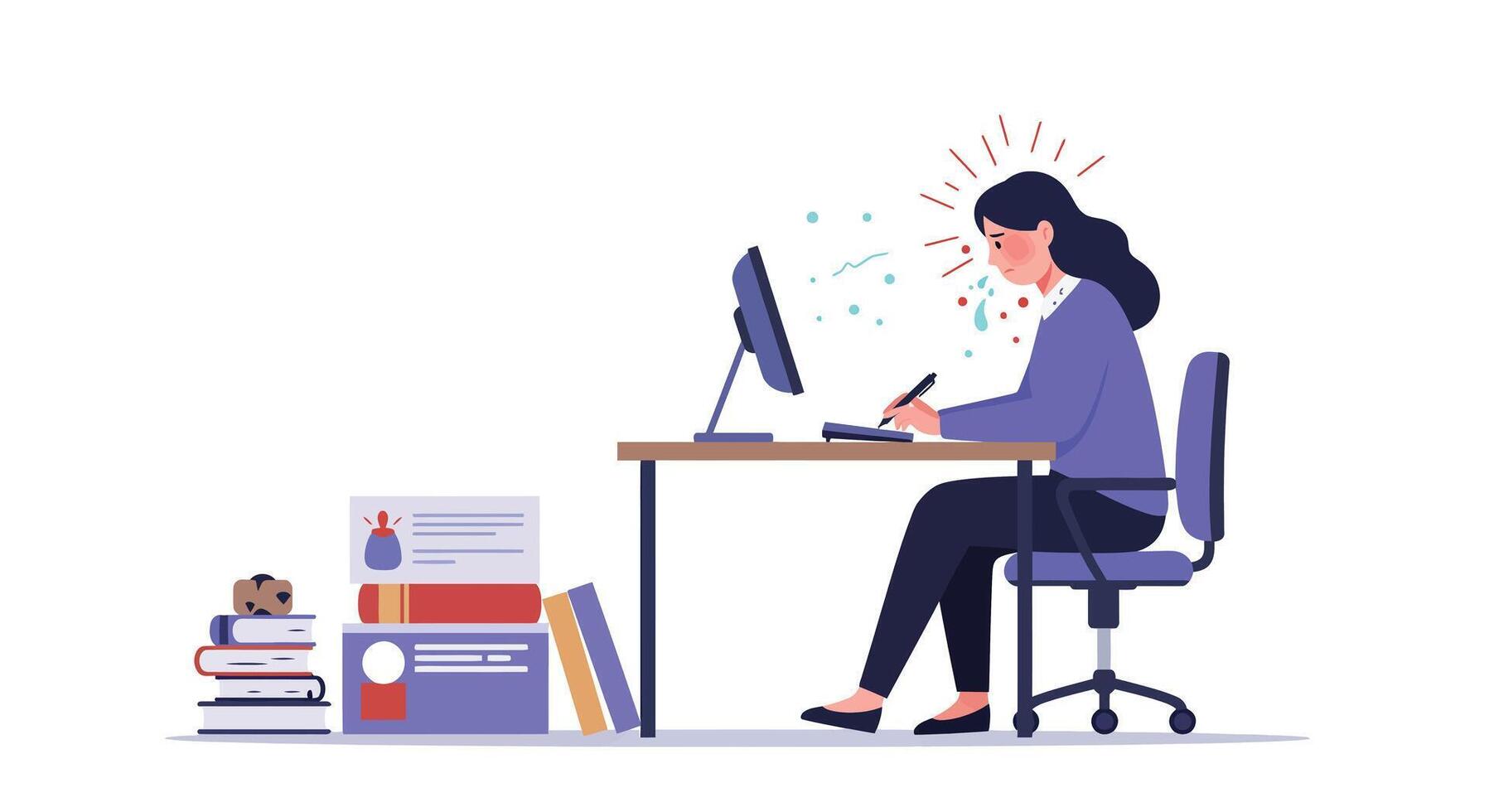 Woman working at desk with computer in flat art style vector