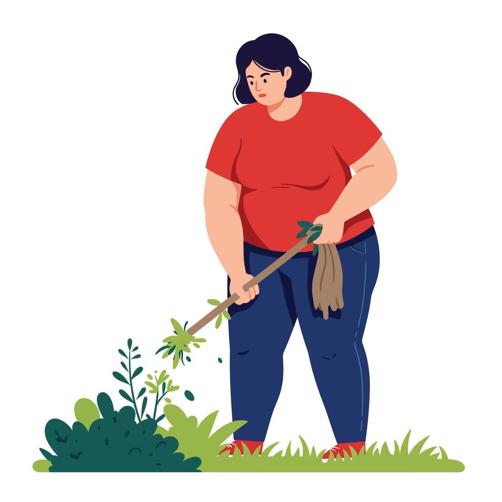 Woman gardening with a tool in a minimal, colorful flat illustration vector