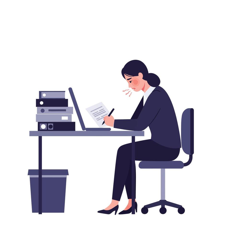 Woman working at desk with laptop in minimal illustration style vector