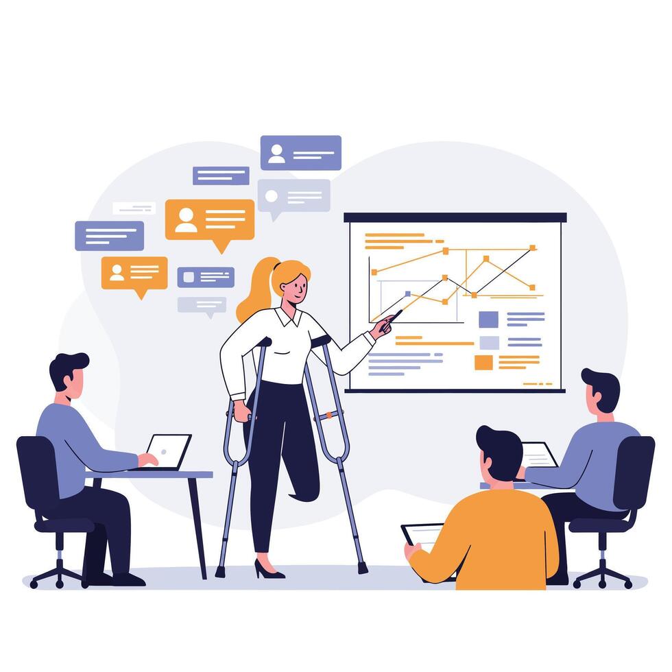 Businesswoman presenting data analysis in flat illustration style with charts and audience engagement art vector