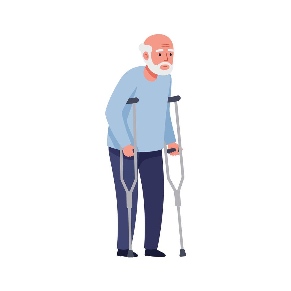Elderly man using crutches in minimal flat design art dsc vector