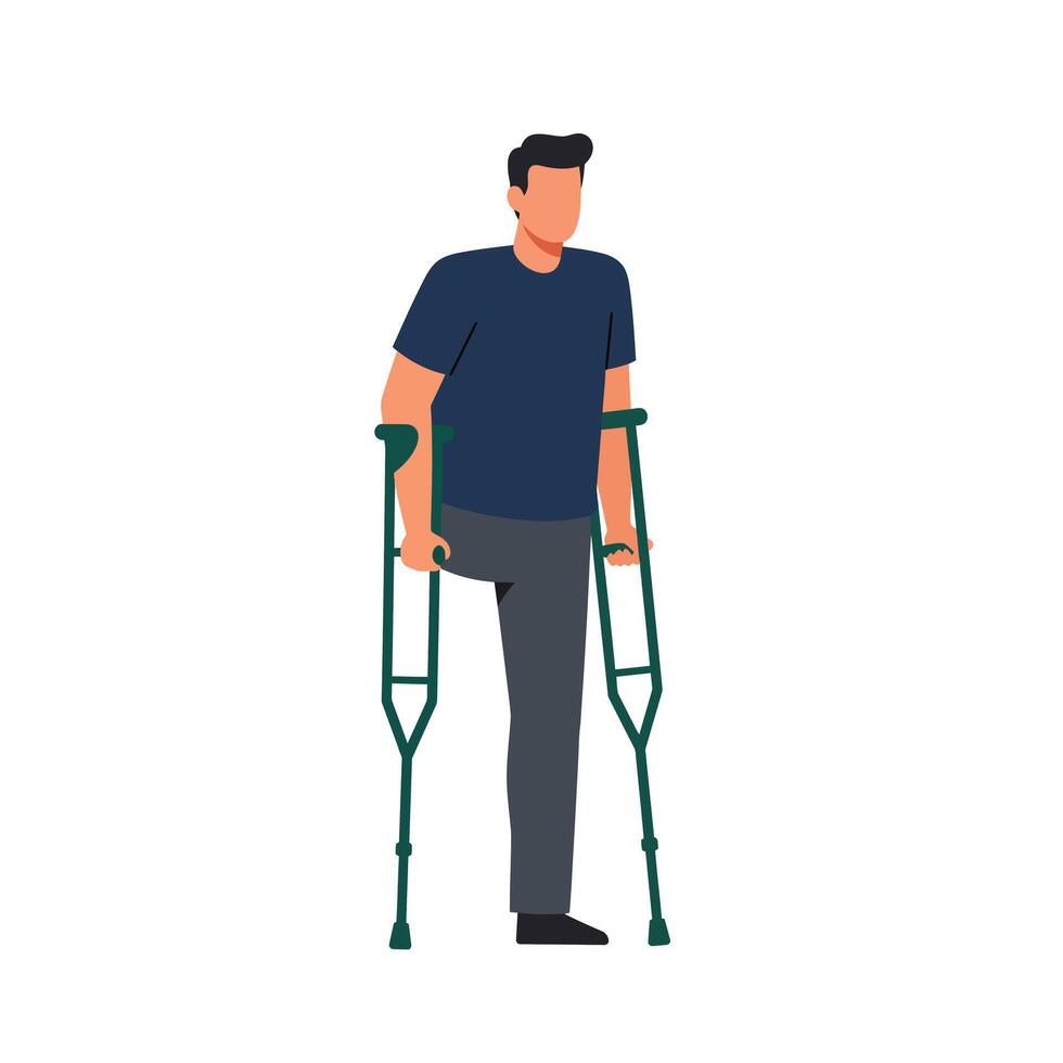 Man using crutches in flat illustration for mobility assistance and rehabilitation themes vector