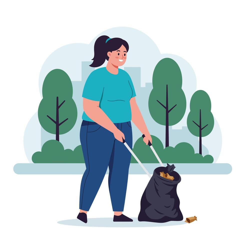 Woman collecting trash in a park with trees in flat illustration vector