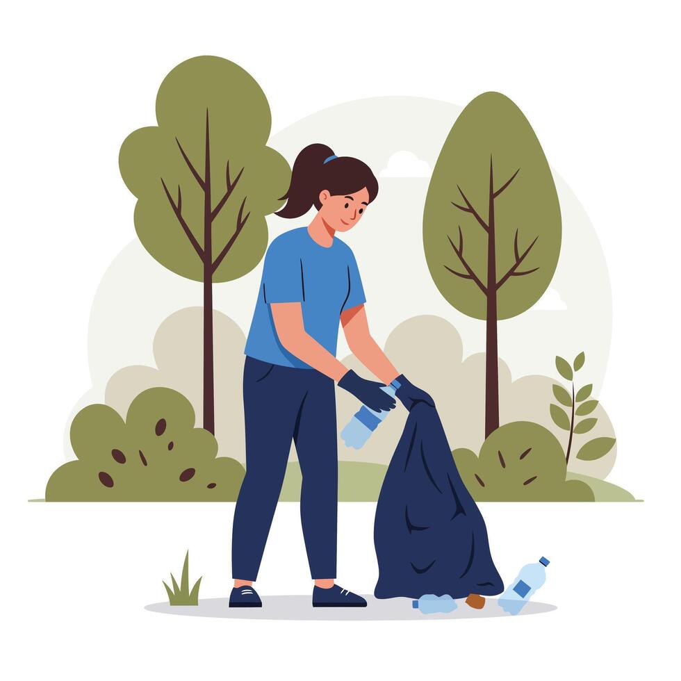 Person collecting litter in nature with flat design style art vector