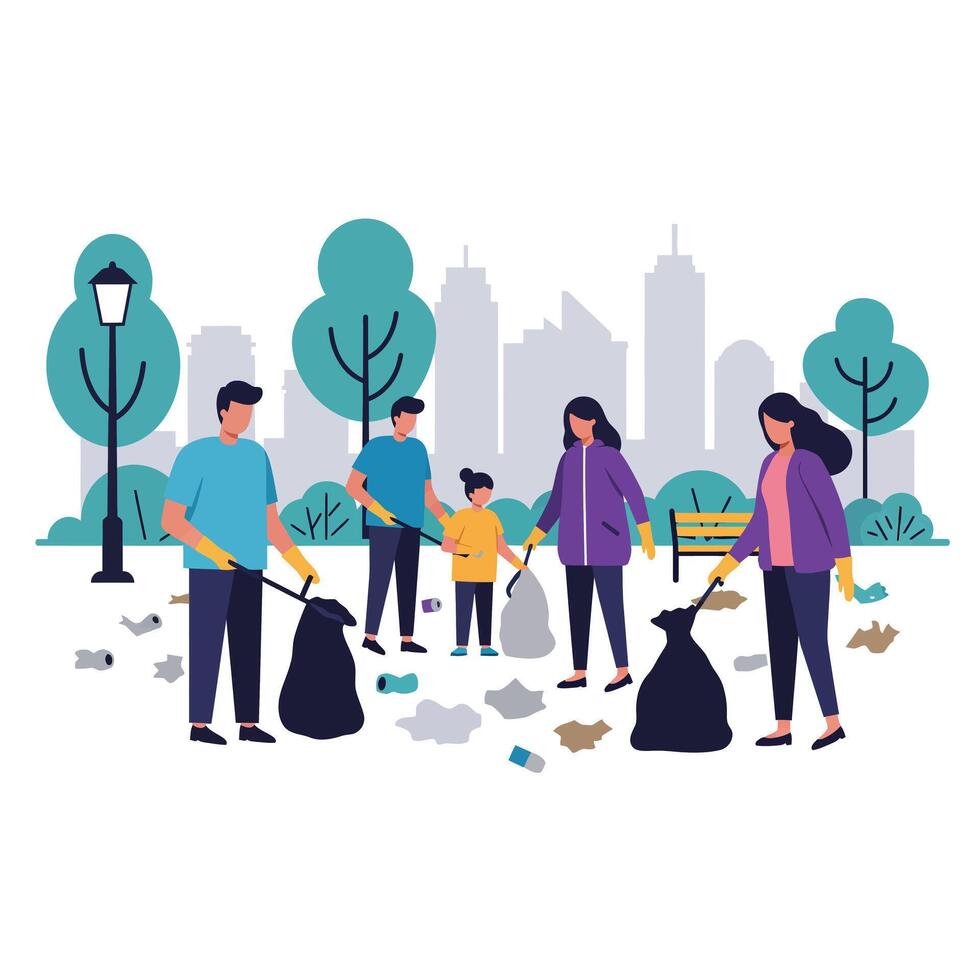 Community members cleaning up the park in a flat illustration vector