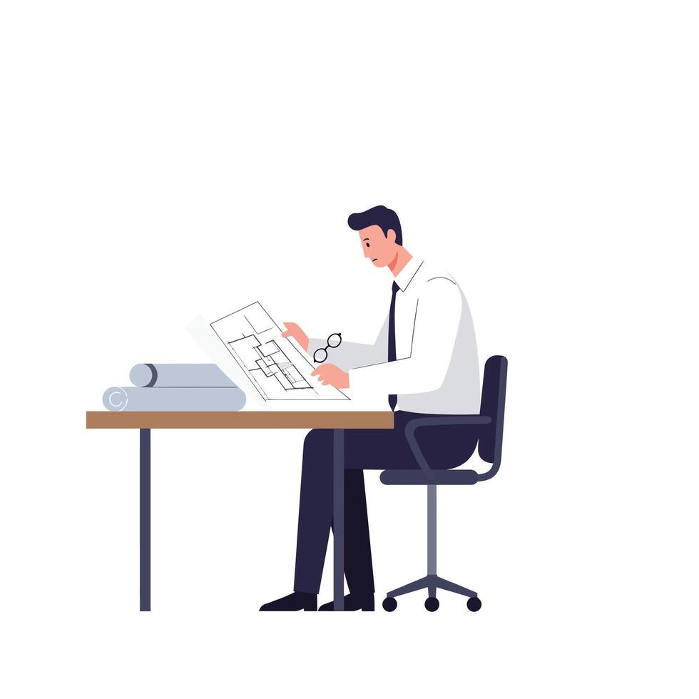 Architect reviewing blueprints at desk in minimal flat illustration vector