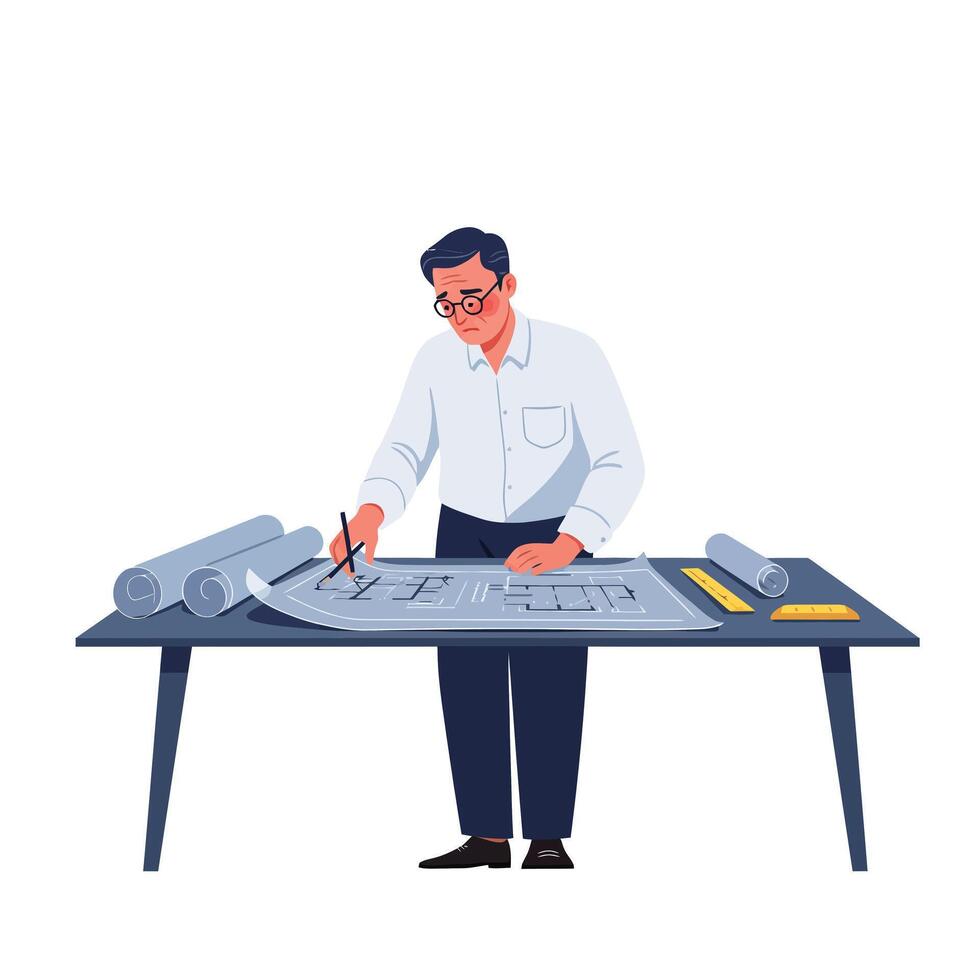 Architect drawing blueprints at desk in flat illustration vector