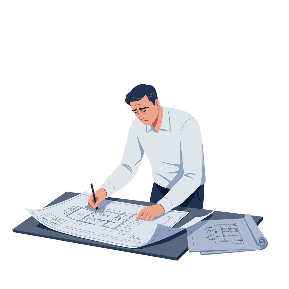 Architect reviewing detailed blueprints in flat design art vector