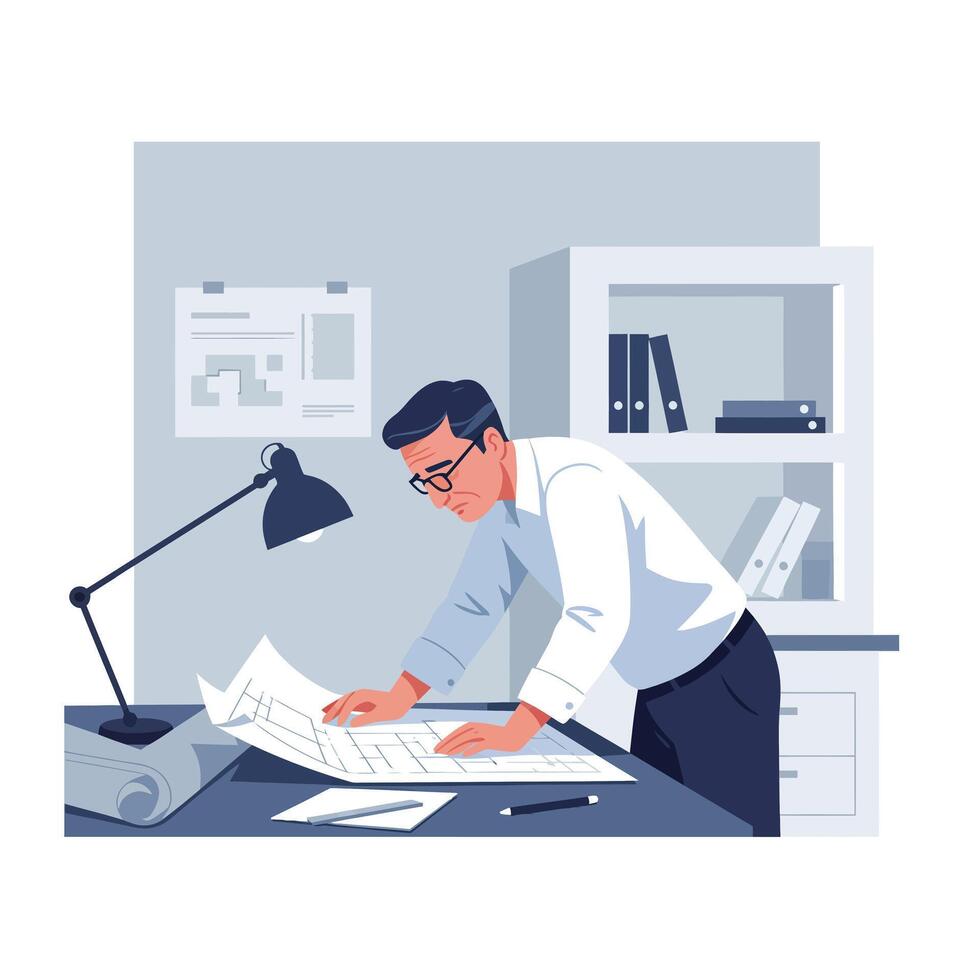 Professional man analyzing blueprints in a minimal workspace illustration vector