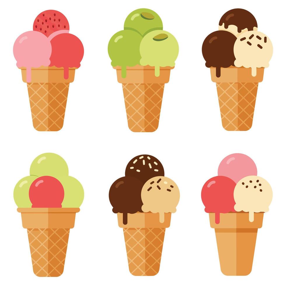 Ice cream cones with various flavors in flat design illustration vector