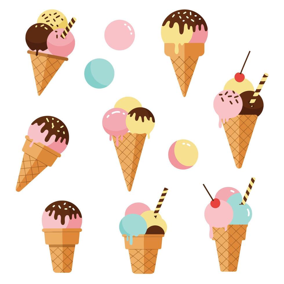 Ice cream cones in various flavors and colors in flat art vector