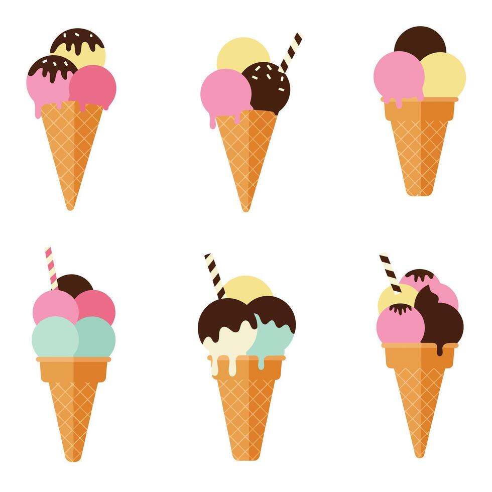 Ice cream cone variety flat design illustration showcasing different flavors and styles vector