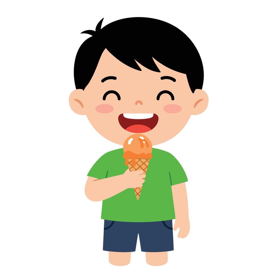 Happy child enjoying ice cream in flat design illustration vector
