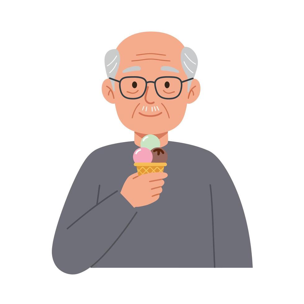 Elderly man enjoying ice cream in minimal flat design art vector