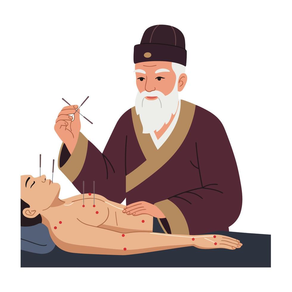 Traditional acupuncture session with practitioner applying needles in flat illustration vector
